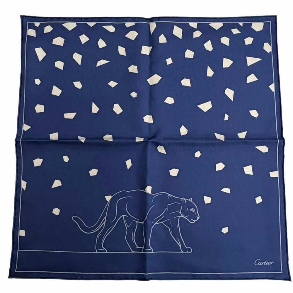 Cartier 100% Silk Panthère Novelty Scarf/Muffler/Handkerchief, Navy, Women's/...